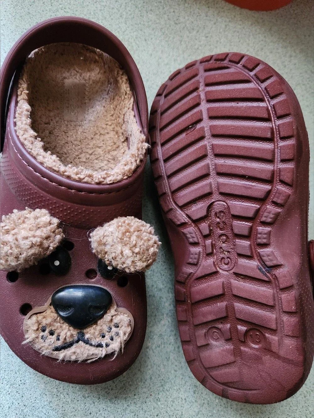 Cozy Brown Dog Croc Shoes with Fuzzy Lining Kids Size13C